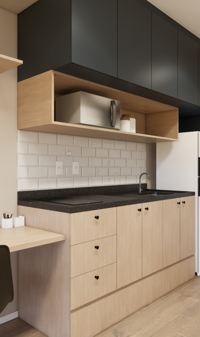 Render 3D de cozinha compacta e home office com marcenaria em tons de madeira e preto, bancada escura e azulejos brancos