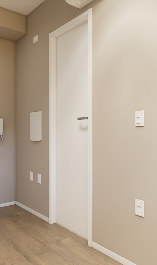 Render 3D de hall de entrada com paredes beges, portas brancas, piso amadeirado e espelho oval refletindo cozinha moderna