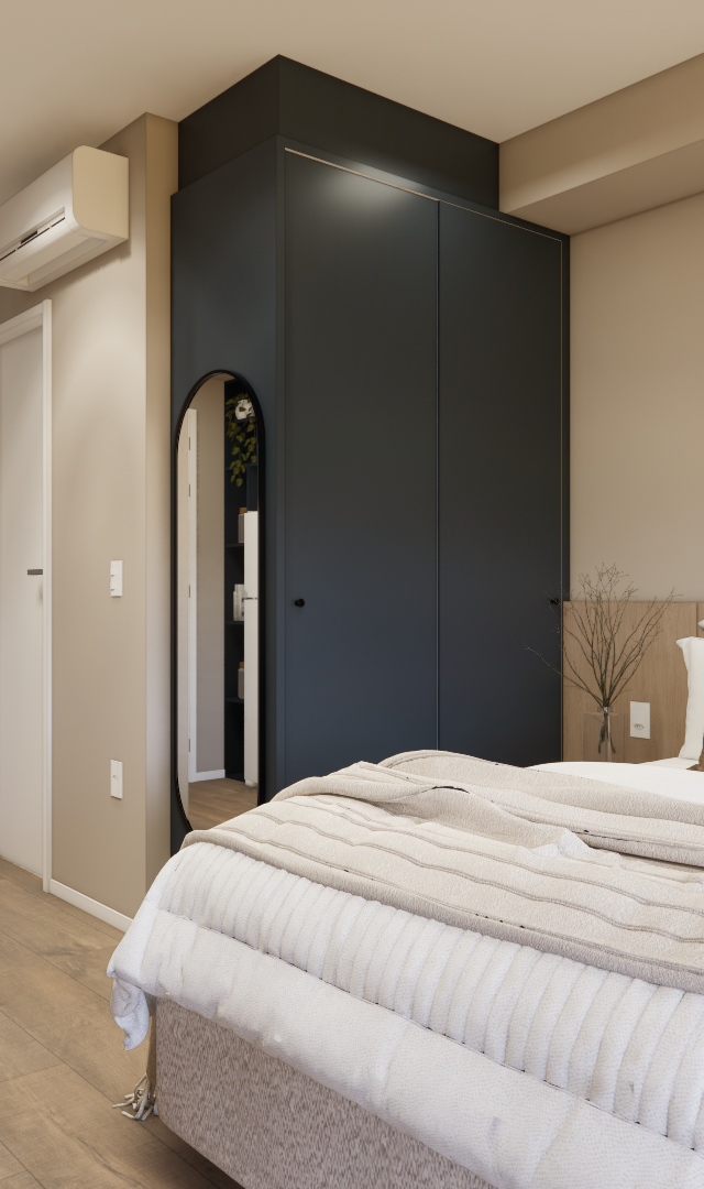 Render 3D de quarto com cama de casal, armário cinza escuro, marcenaria em madeira clara, paredes beges e iluminação spots