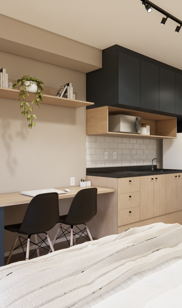Render 3D de estúdio com marcenaria em madeira e cinza, bancada de trabalho, TV, cozinha compacta e iluminação por trilho