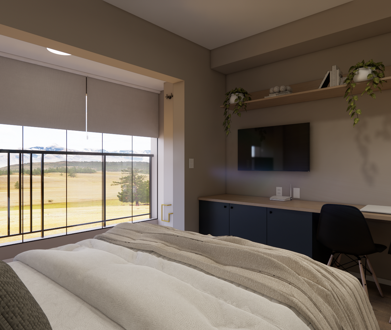 Render 3D de quarto com cama, marcenaria azul e madeira, mesa de trabalho e vista para paisagem em tons neutros e suaves