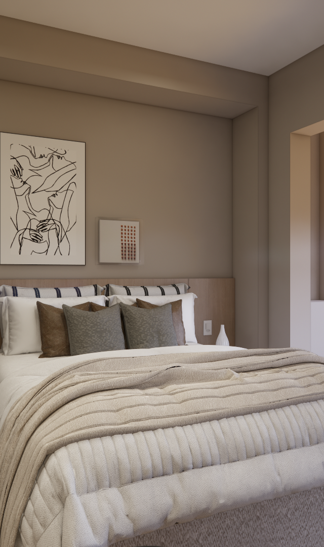 Render 3D de quarto com tons neutros, cama com colcha bege, painel de madeira, parede cinza, iluminação suave e varanda