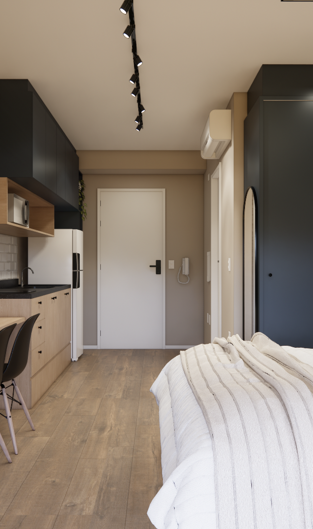 Render 3D de estúdio com marcenaria em madeira e preto, bancada, cozinha linear, cama com enxoval neutro e piso amadeirado