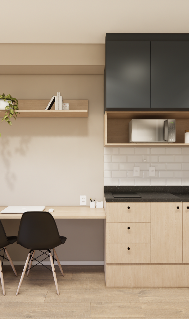 Render 3D de cozinha e home office integrados com marcenaria em tons de madeira e cinza, paredes beges e iluminação suave