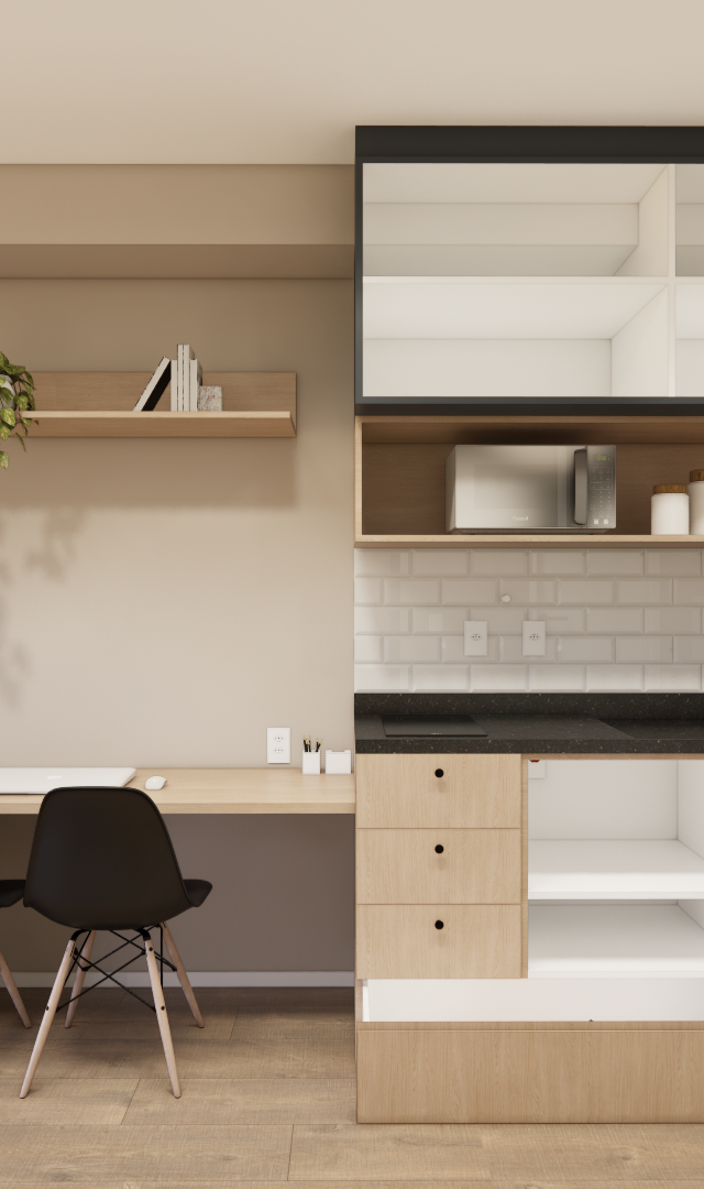Render 3D de cozinha e home office integrados com marcenaria em tons de madeira clara, branco e preto, iluminação suave