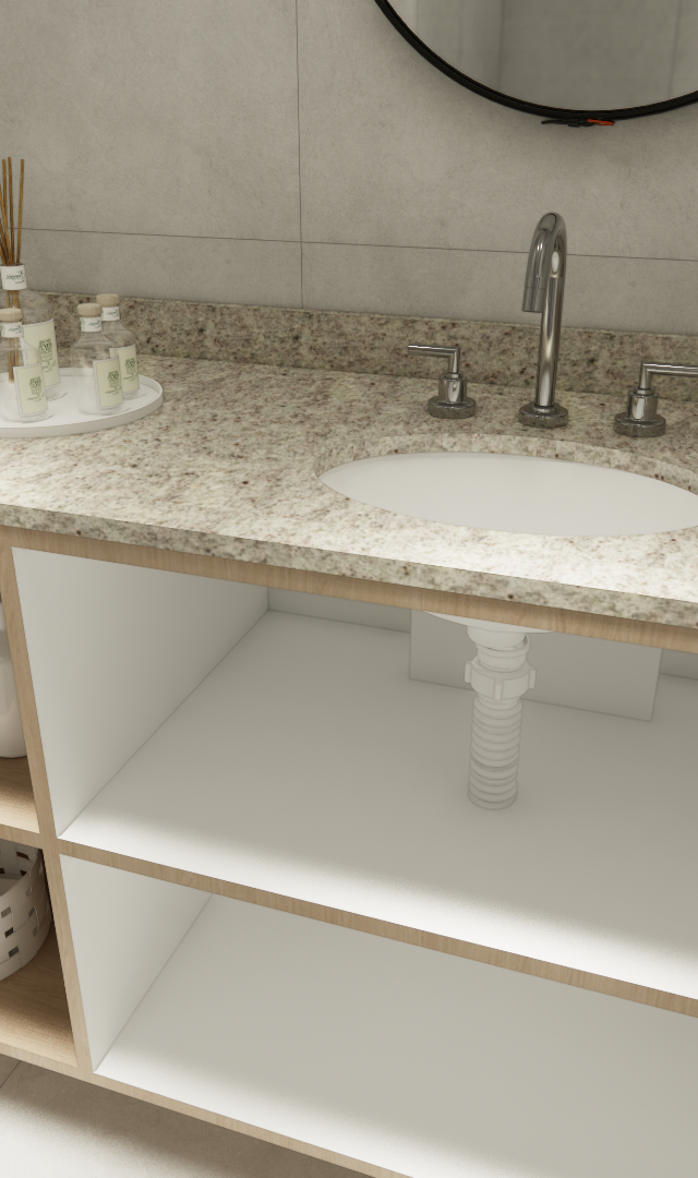 Render 3D de banheiro com bancada em granito, cuba oval, marcenaria em madeira e nichos brancos com toalhas e acessórios