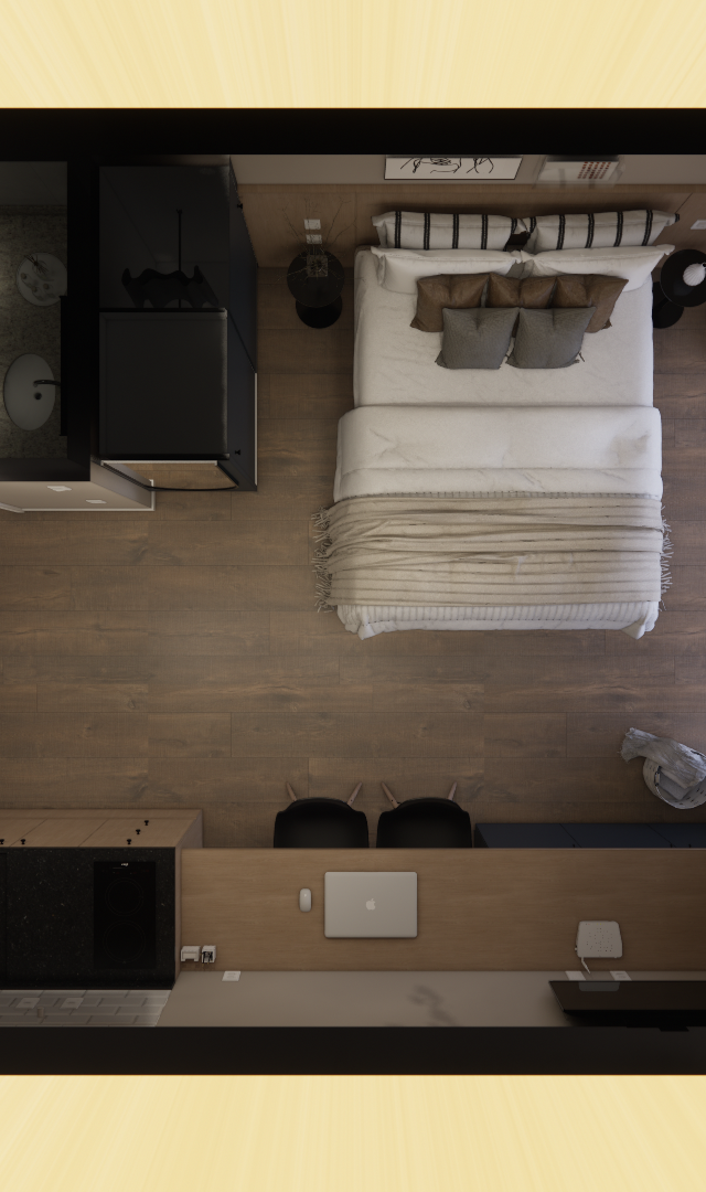 Planta baixa 3D de studio com piso amadeirado, cozinha linear preta, bancada de trabalho e cama centralizada em tons neutros