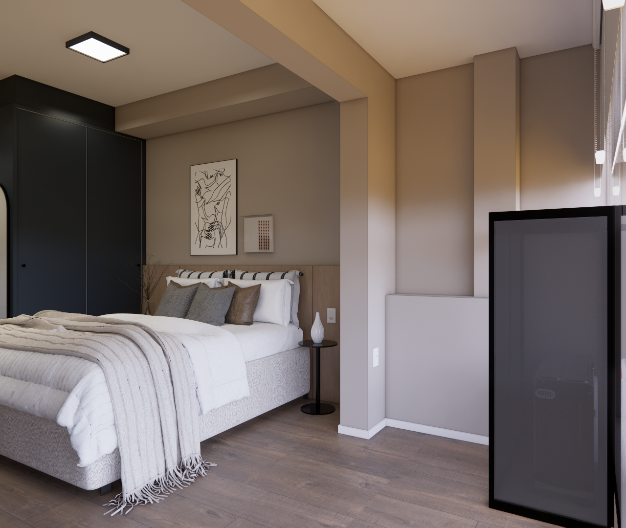 Render 3D de quarto com cama, armário cinza escuro, paredes em tons neutros, piso de madeira e iluminação suave