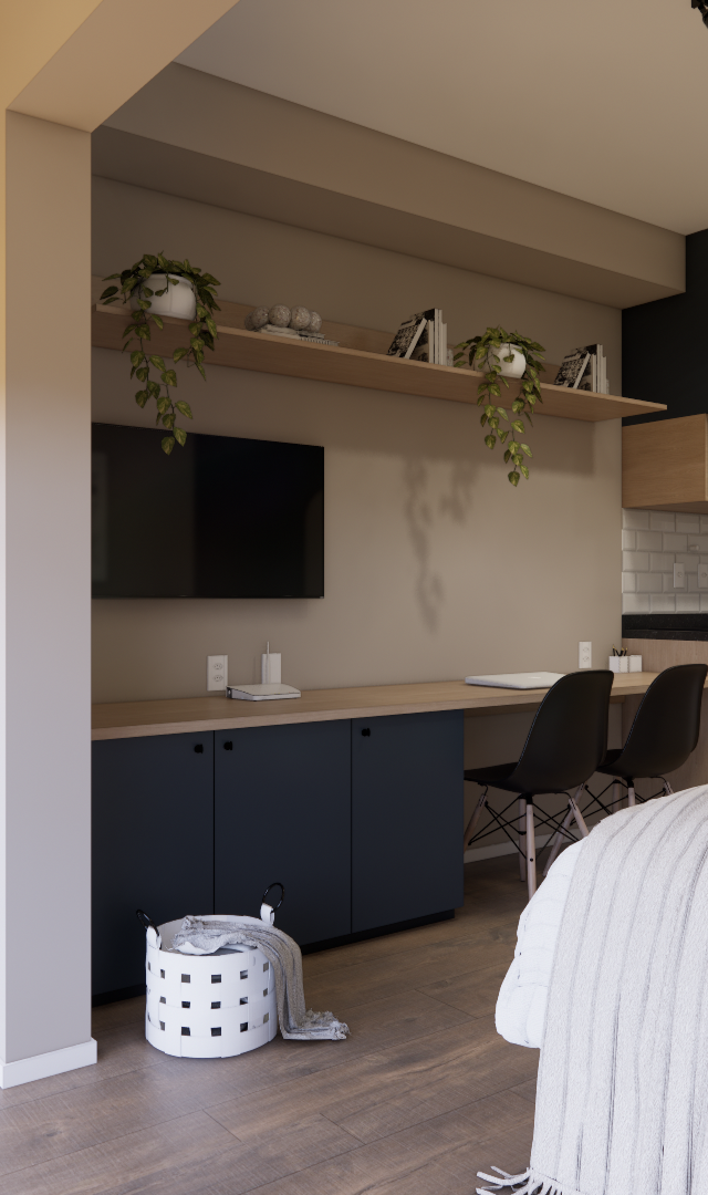 Render 3D de estúdio com bancada, marcenaria em tons grafite e madeira, prateleira, plantas e iluminação em trilho