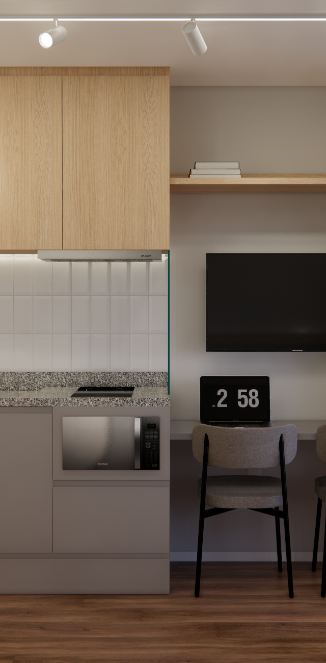 Render 3D de cozinha compacta com marcenaria em madeira e cinza, bancada de pedra, eletrodomésticos e mesa integrada