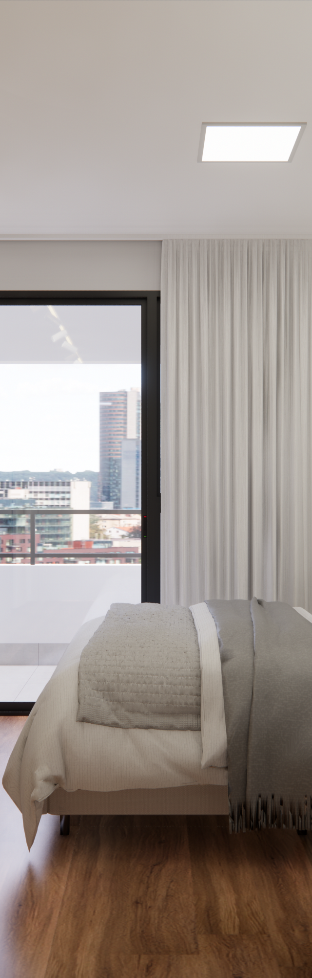 Render 3D de quarto moderno em Perdizes com cama, mesa de estudos, tons neutros, madeira, iluminação e vista urbana