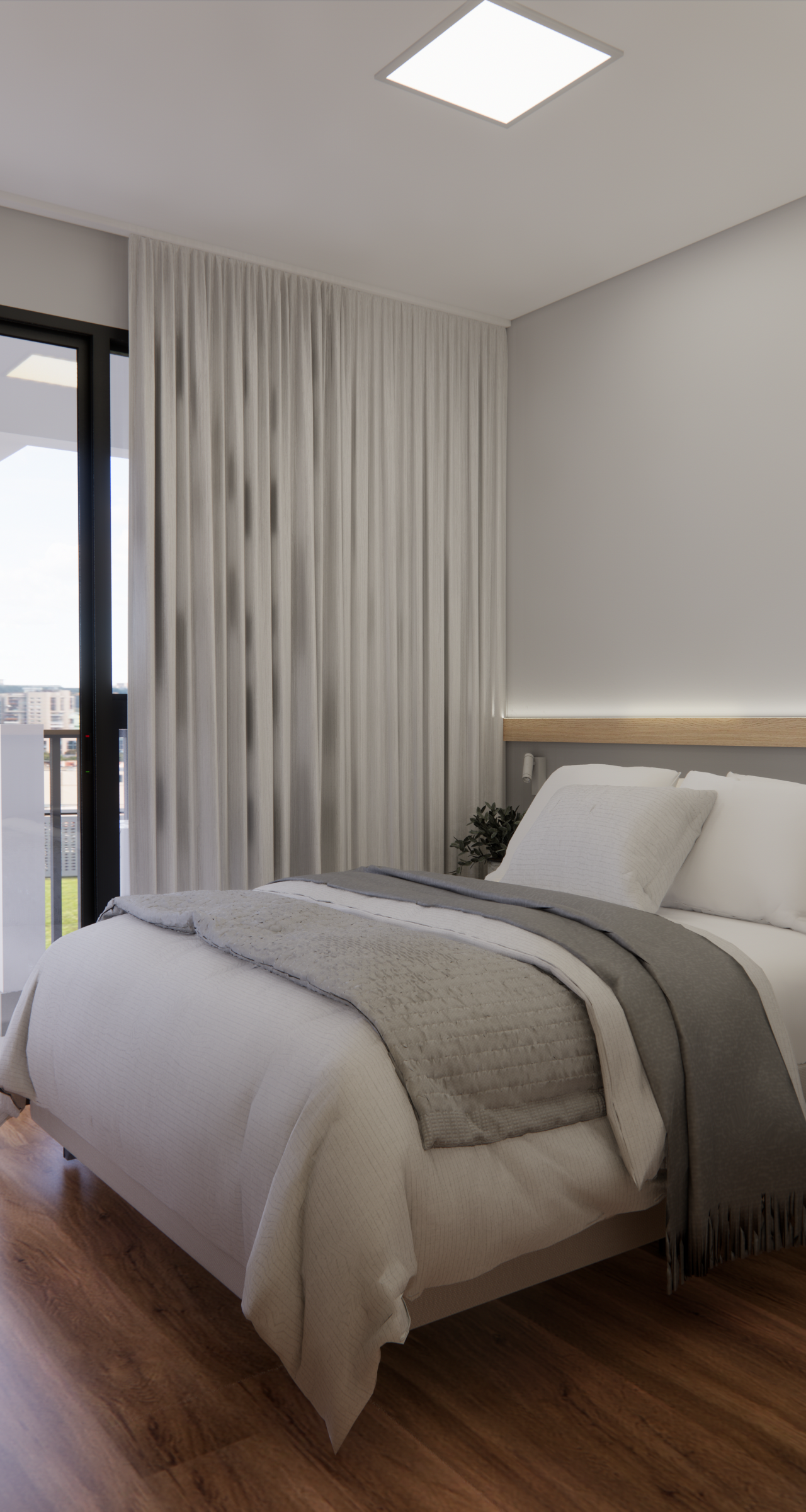 Render 3D de quarto minimalista no JL SOMA Perdizes com cama, piso amadeirado, cortina clara e vista para a cidade