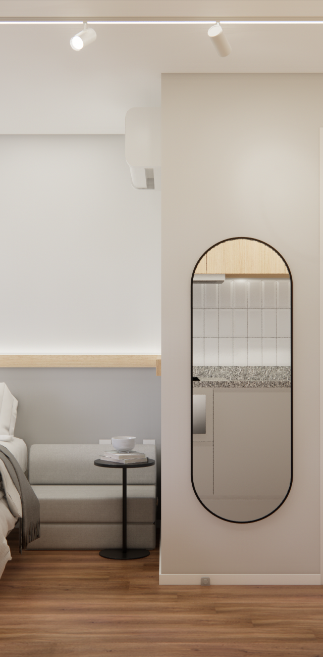 Render 3D de quarto minimalista em tons neutros com cama, espelho oval, piso amadeirado e iluminação em trilho no teto
