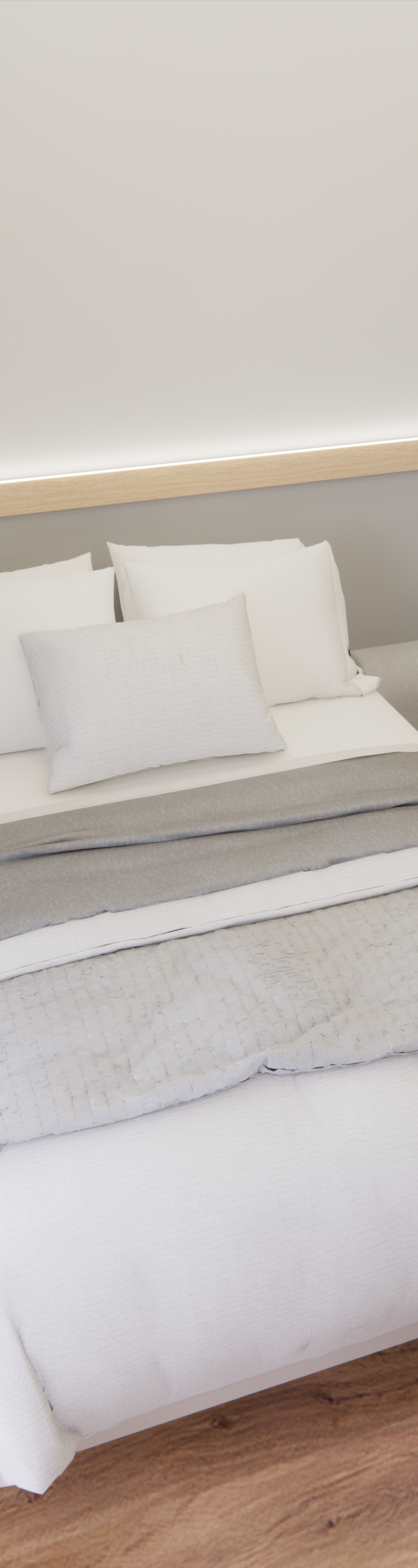 Render 3D de quarto com cama de casal, piso amadeirado, paredes cinza e detalhes em madeira com iluminação indireta