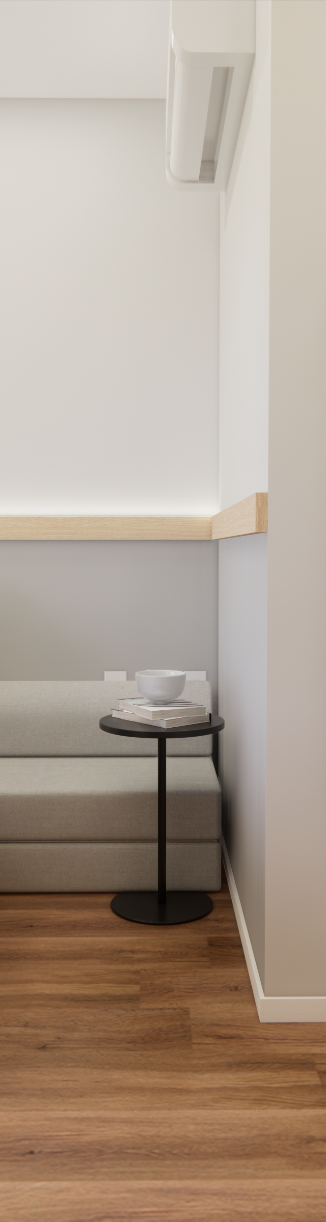 Render 3D de quarto minimalista em tons neutros com cama, mesa lateral, espelho oval e visão de copa em SOMA Perdizes