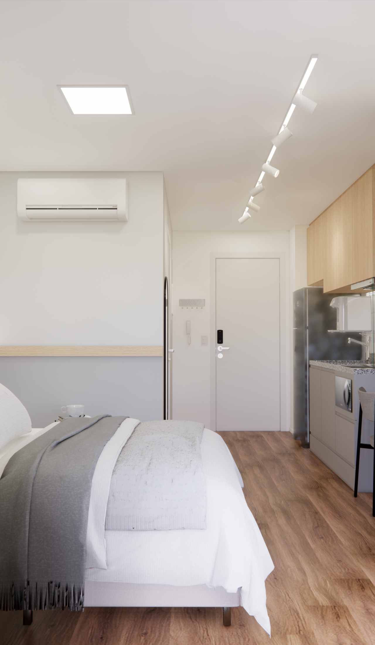 Render 3D de estúdio em Perdizes com cama, cozinha compacta em tons de cinza e madeira, iluminação linear e piso amadeirado
