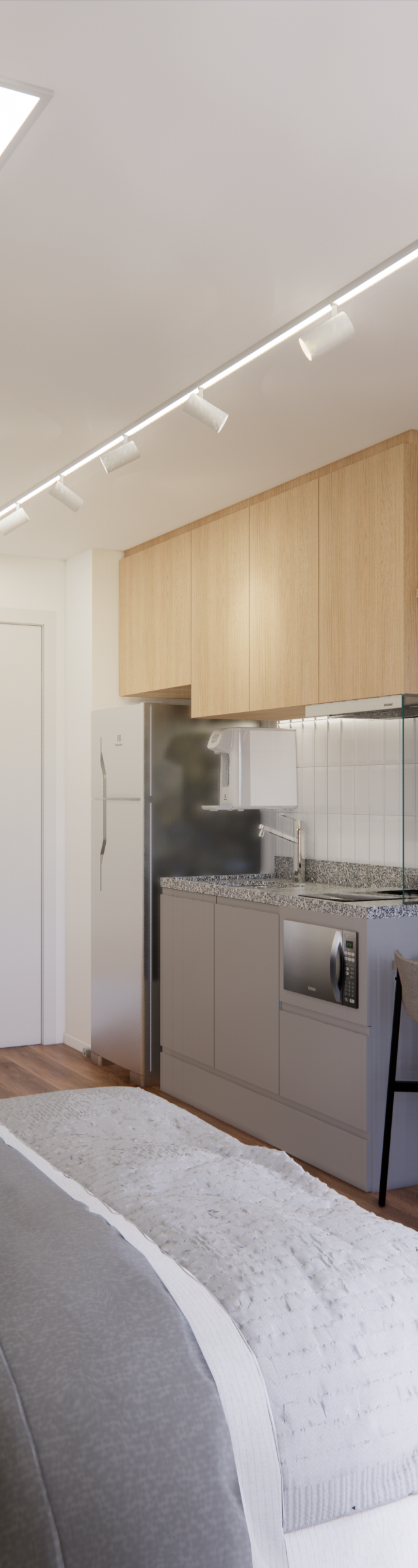 Render 3D de estúdio em Perdizes com cama, cozinha compacta em tons cinza e madeira, espelho grande e iluminação linear