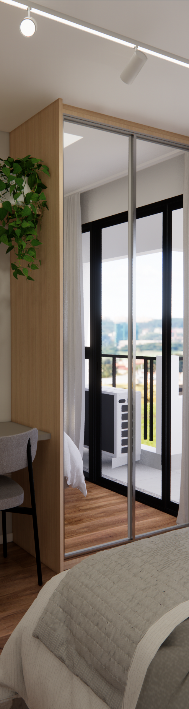Render 3D de quarto no JL SOMA Perdizes com marcenaria em madeira clara, mesa, cadeiras cinzas, guarda-roupa espelhado e TV
