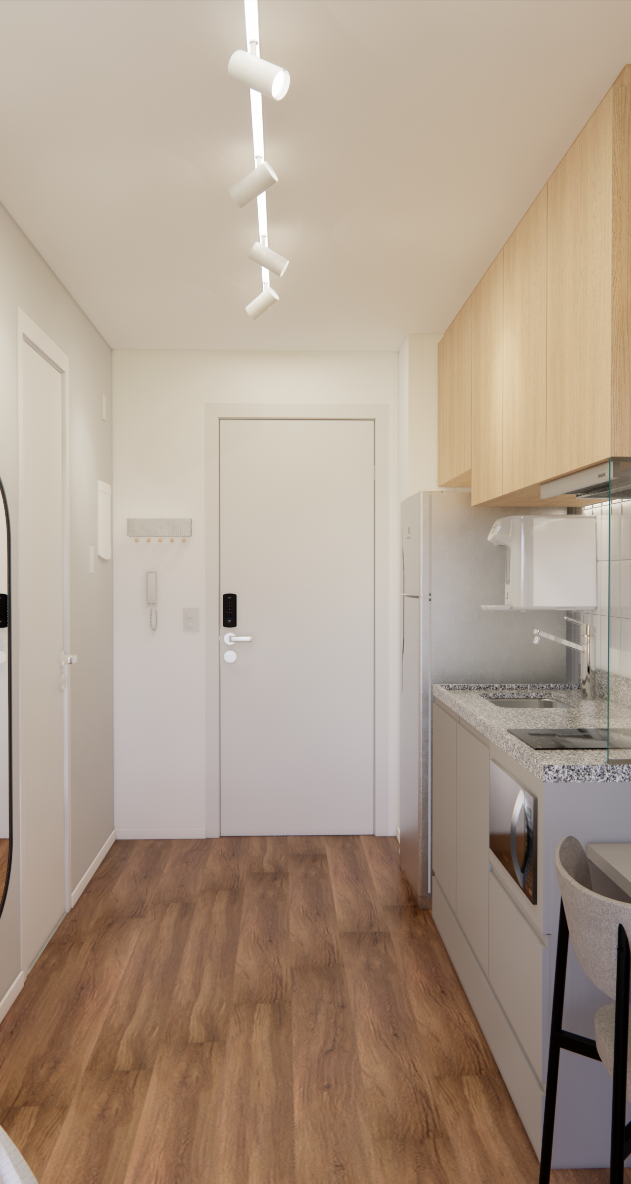 Render 3D de cozinha compacta em Perdizes com marcenaria em tons claros, bancada em granito, espelho oval e iluminação trilho