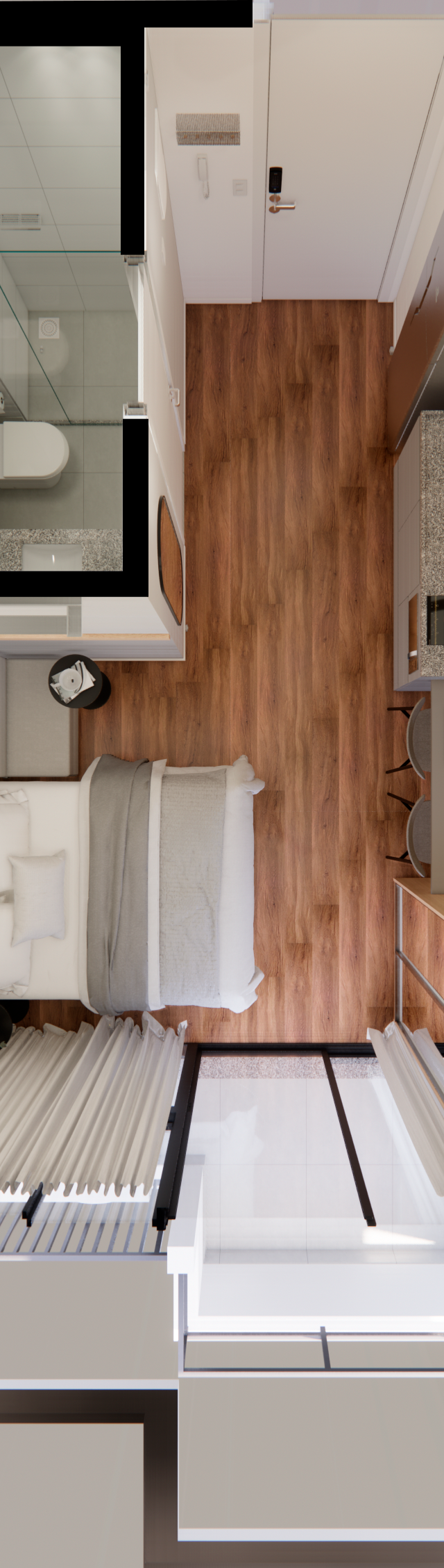 Render 3D superior de estúdio no JL - SOMA PERDIZES com piso amadeirado, cama, cozinha compacta, banheiro e varanda