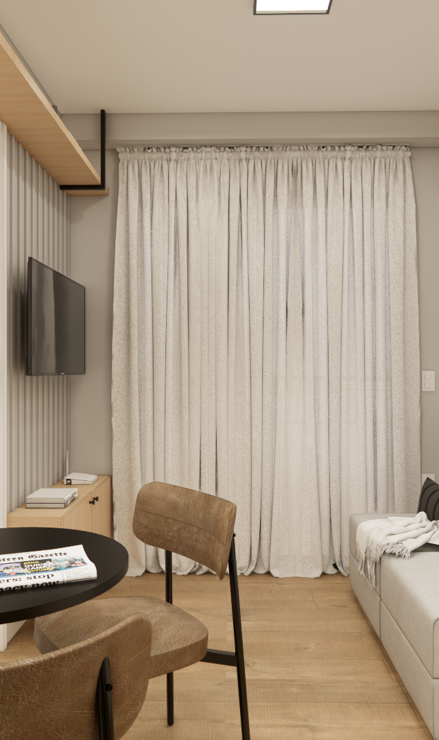 Render 3D de sala JN Vila Olímpia Passarelli com sofá cinza, mesa preta, cadeiras bege, cortina branca e luz suave