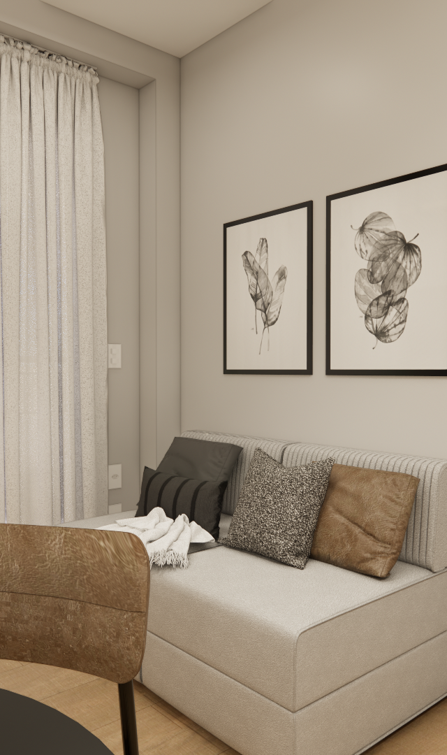 Render 3D de dormitório JN Vila Olímpia: sofá-cama cinza, almofadas neutras, quadros botânicos, cortina clara e tons beges