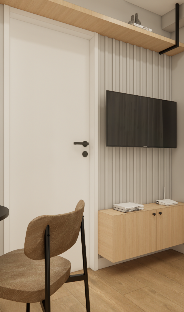 Render 3D do projeto JN Vila Olímpia: sala e cozinha integrada com mesa preta, marcenaria em tons claros e cortina branca