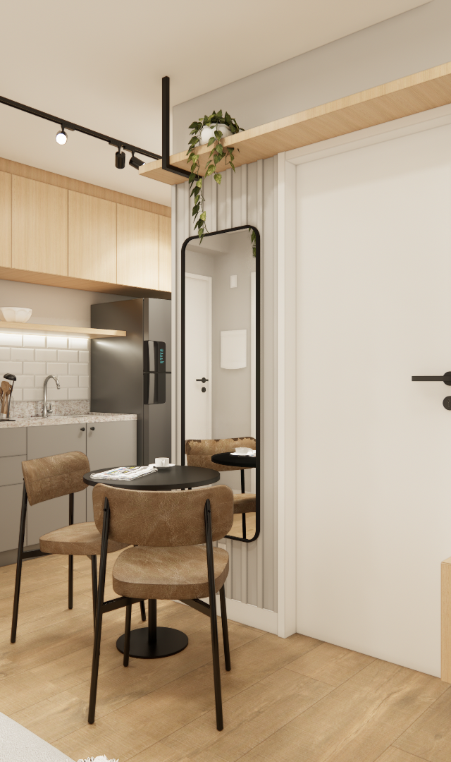 Render 3D de sala e cozinha integradas, tons neutros, marcenaria em madeira e cinza, iluminação por trilho e piso amadeirado