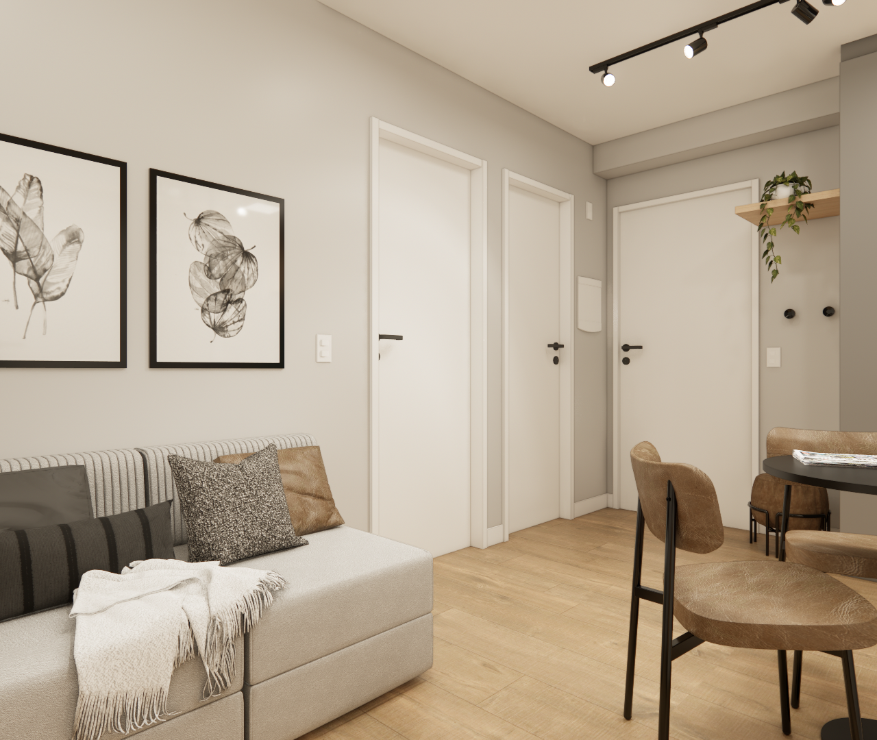Render 3D de sala e cozinha integrada, tons neutros, marcenaria em madeira clara, sofá cinza e mesa de jantar redonda