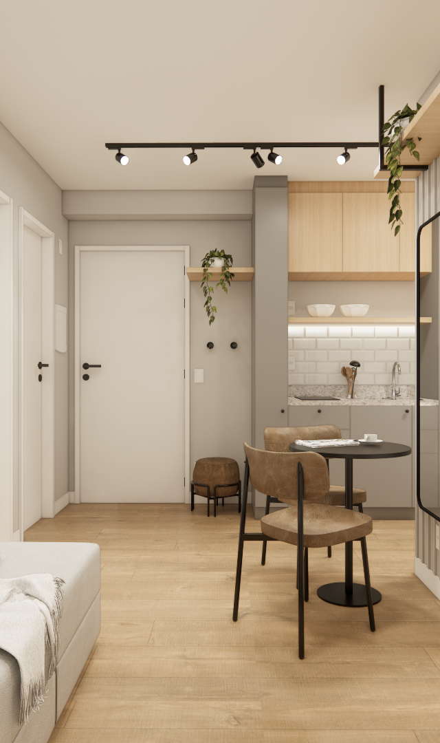 Render 3D de sala e cozinha integrada, tons neutros, marcenaria clara, piso amadeirado, sofá cinza e iluminação de trilho