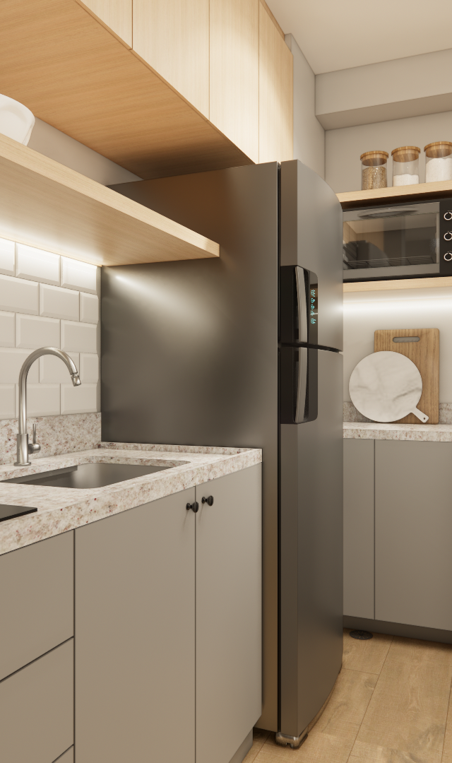 Render 3D de cozinha compacta JN Vila Olímpia com marcenaria cinza, detalhes em madeira, bancada de granito e iluminação LED