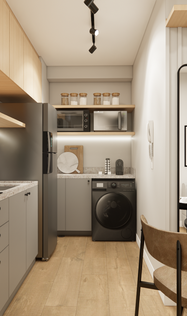 Render 3D de cozinha funcional, tons de cinza e madeira, marcenaria planejada, eletrodomésticos pretos e mesa de jantar