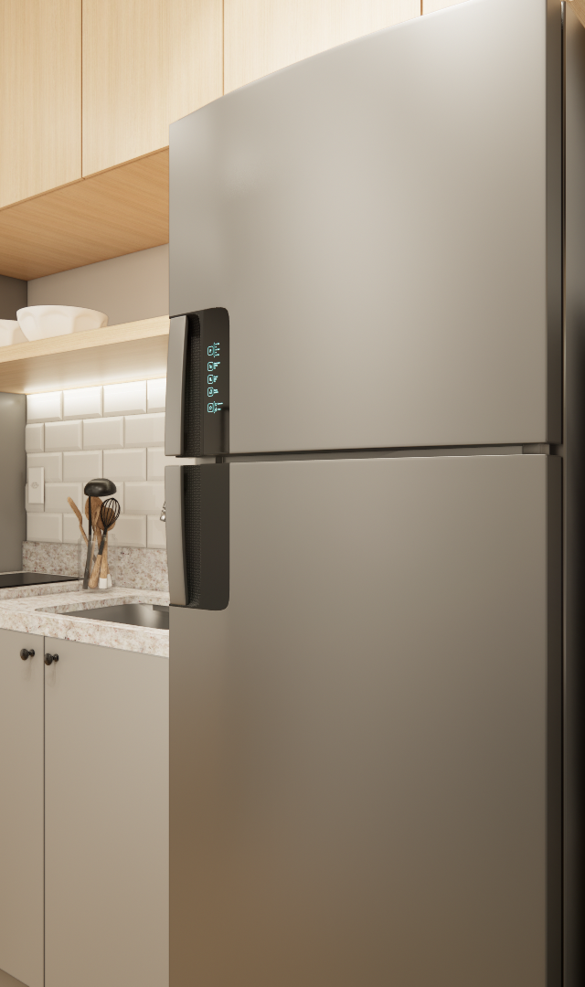 Render 3D de cozinha JN Vila Olímpia com marcenaria cinza, madeira clara, bancada em granito e geladeira inox moderna