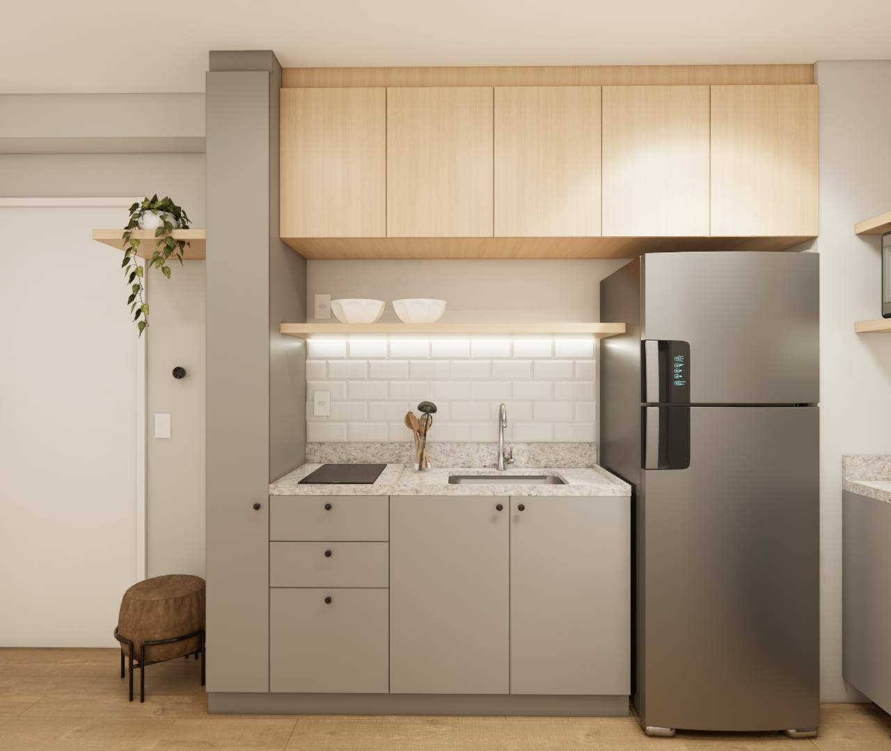 Render 3D de cozinha compacta, marcenaria cinza e amadeirada, bancada em granito, azulejo branco e iluminação indireta