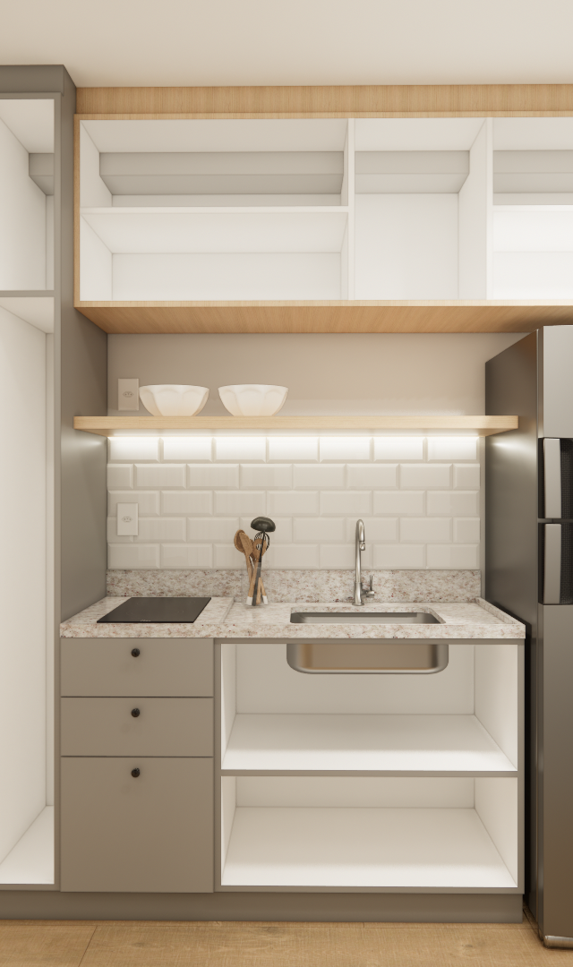Render 3D de cozinha compacta JN - Vila Olímpia Passarelli com marcenaria em tons de cinza, madeira e bancada em granito