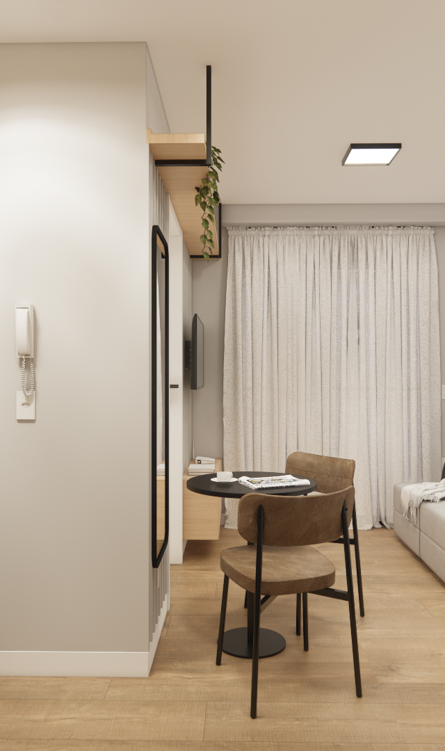 Render 3D da sala de estar e cozinha integradas com tons neutros, marcenaria em madeira, sofá cinza e mesa de jantar
