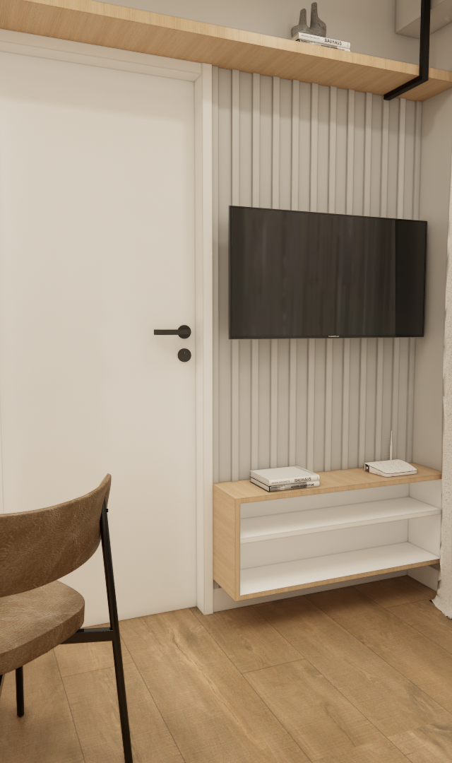 Render 3D da sala do projeto JN Vila Olímpia: mesa preta, cadeiras amadeiradas, painel ripado, TV e cortina clara
