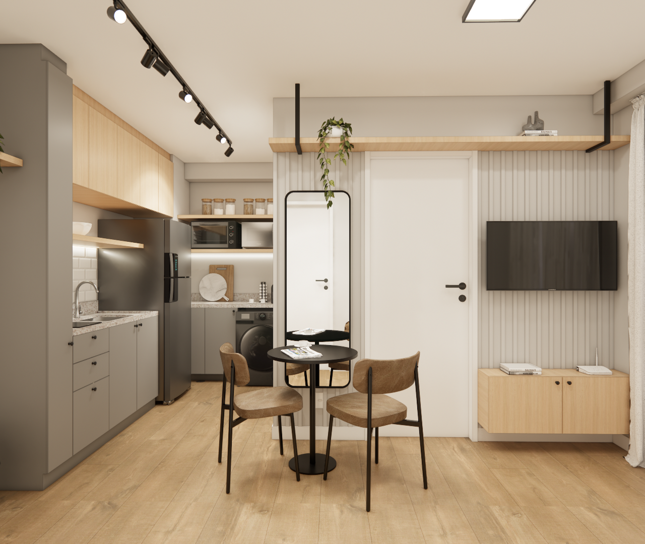 Render 3D de sala e cozinha integradas, marcenaria cinza e madeira, mesa redonda com cadeiras, iluminação em trilho e spots