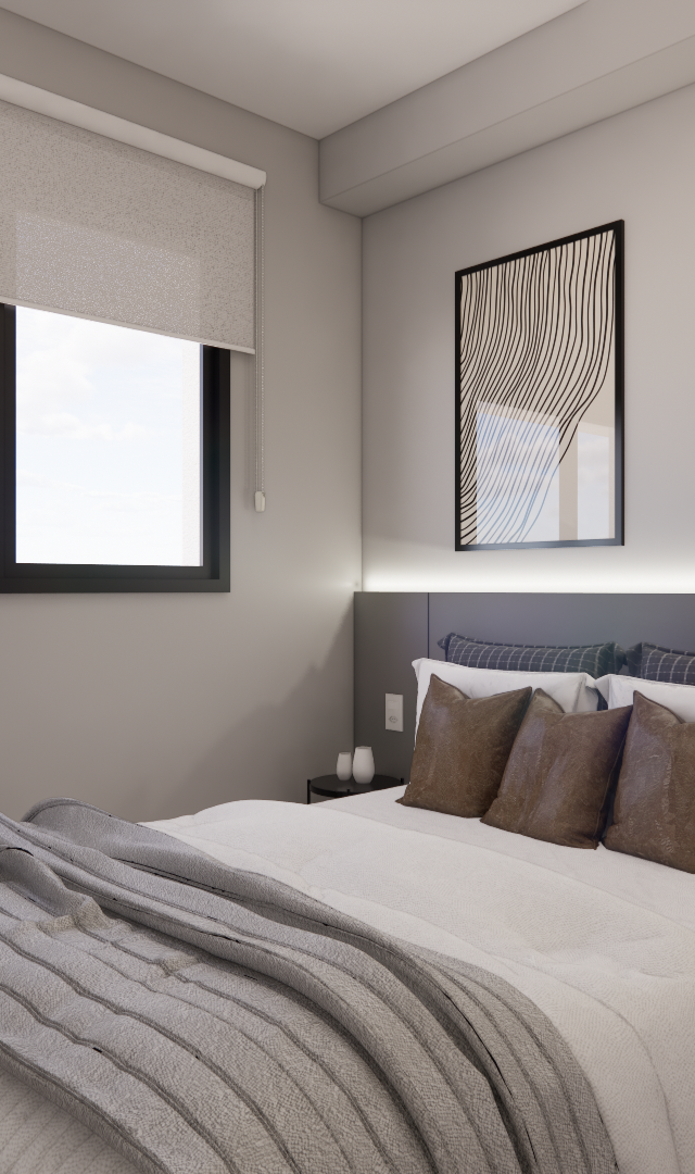 Render 3D de quarto moderno com tons neutros, cabeceira cinza com iluminação indireta, cama com almofadas e mesa lateral