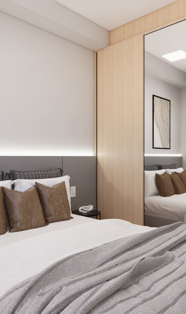 Render 3D de quarto JN Vila Olímpia: cama com cabeceira cinza, armário amadeirado com espelho, quadros e luz indireta