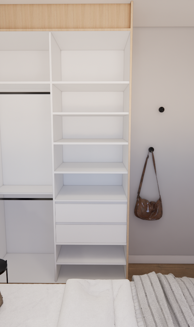 Render 3D de quarto JN Vila Olímpia Passarelli com armário aberto em marcenaria branca e amadeirada, cama e tons neutros