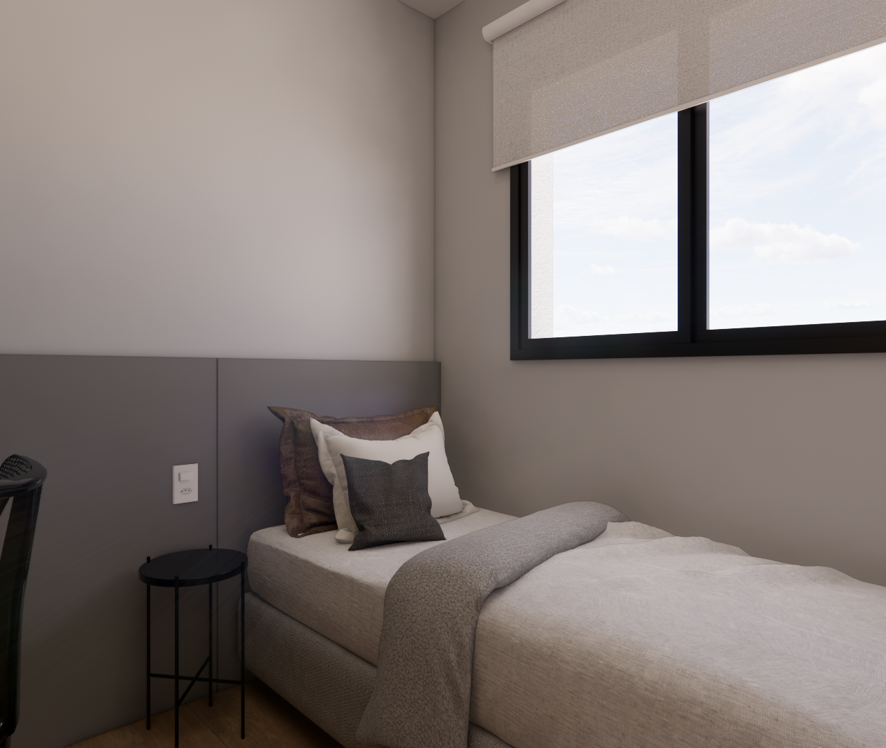 Render 3D de quarto JN Vila Olímpia: cama solteiro com enxoval cinza, painel cinza, mesa de apoio preta e janela com persiana