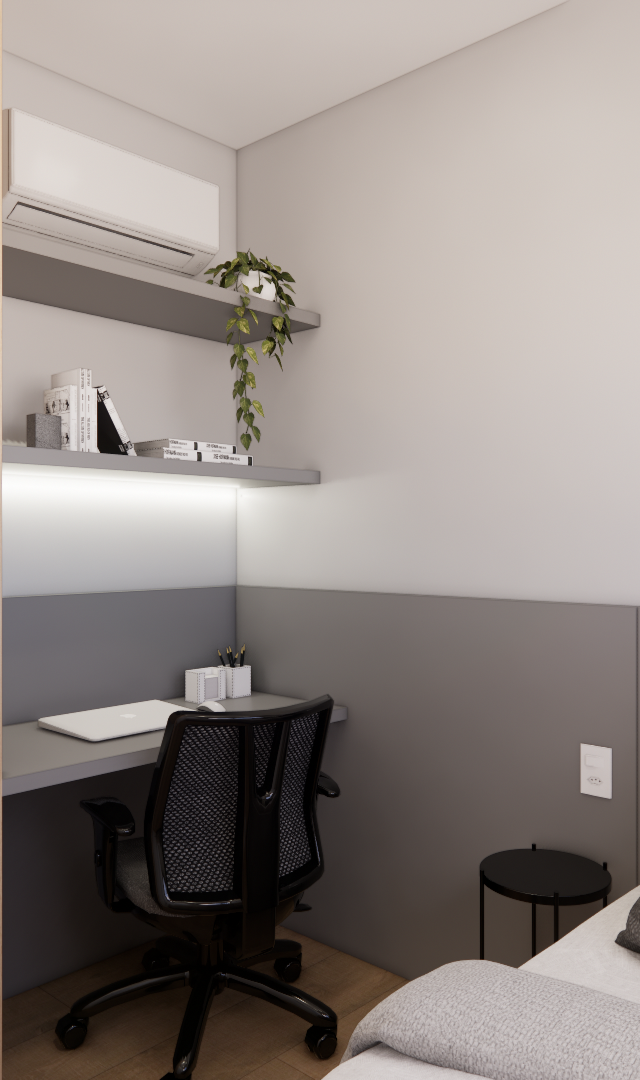 Render 3D de quarto JN Vila Olímpia com marcenaria em madeira clara, mesa de estudo cinza, estantes e cama com almofadas