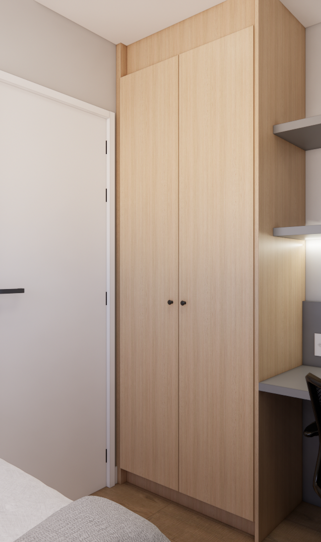 Render 3D de quarto JN Vila Olímpia com marcenaria em tom madeira, escrivaninha cinza, prateleiras e iluminação indireta