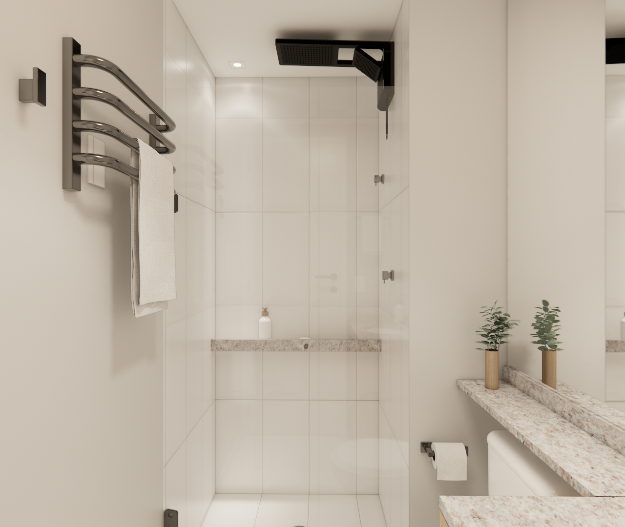 Render 3D de banheiro moderno no JN Vila Olímpia Passarelli com revestimento claro, bancada em granito e metais pretos