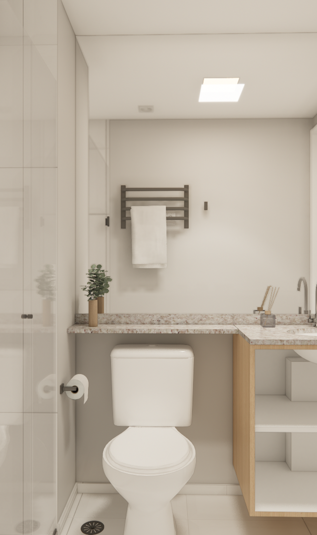 Render 3D de banheiro Vila Olímpia com box de vidro, bancada em pedra, marcenaria clara e tons neutros, iluminação difusa