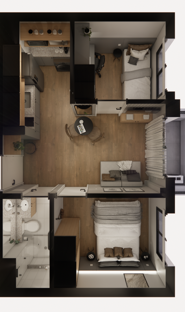 Planta baixa 3D do projeto JN Vila Olímpia Passarelli com sala, cozinha, dois quartos e banheiro em tons neutros e madeira