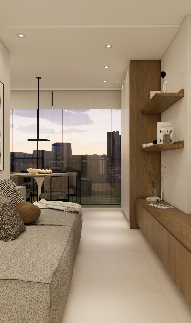 Render 3D de sala em tons neutros, marcenaria em madeira, sofá cinza, TV e vista da Vila Madalena ao entardecer