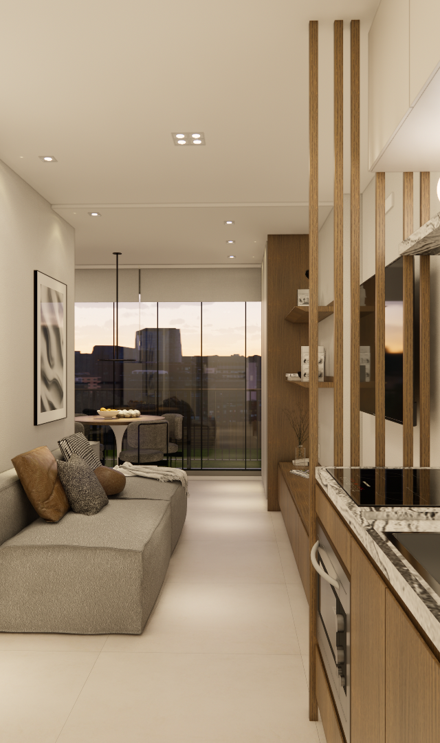 Render 3D de sala e cozinha integradas, marcenaria em tons claros, bancada em pedra rajada e divisória ripada em madeira