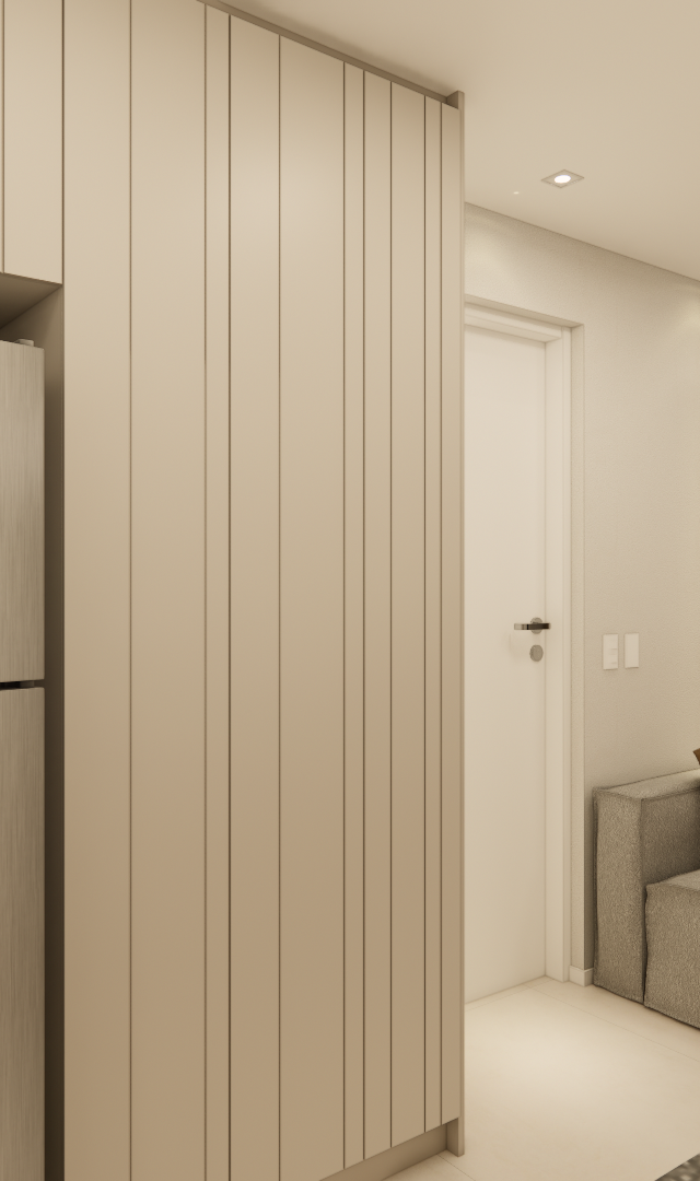 Render 3D de sala e cozinha integradas com marcenaria ripada bege, geladeira em inox, sofá cinza e iluminação embutida